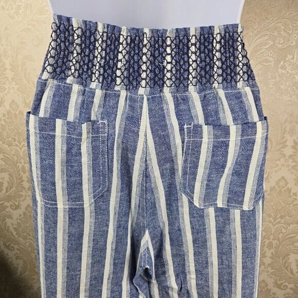 Sincerely Jules Sz S Blue White Striped Linen Blend Pants Elastic Smocked Waist - Picture 6 of 12